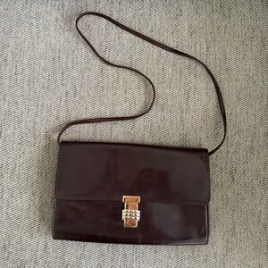Vintage Dark Brown Leather Clutch Crossbody with Metal Accents
